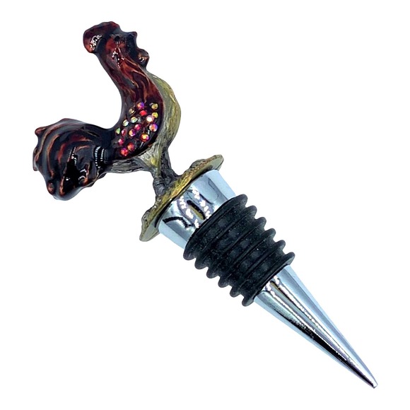 Bejeweled Rooster Wine Bottle Stopper, Enameled Pewter Rhinestones - Picture 7 of 7